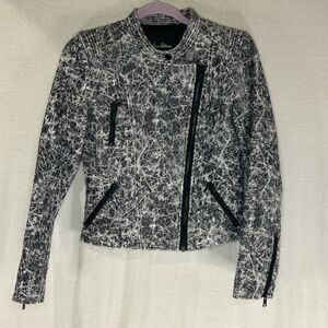 Sam Edelman Jacket Womens Sz M Black White Static Textured Full Zip Biker Moto